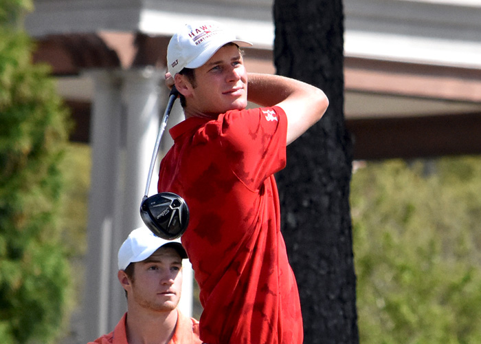 Senior Chad Ring was one of three Hawks to shoot even-par 72 on Wednesday in the second round of the NCAA Division III Men's Golf Championship. The top-ranked Hawks lead the team standings with an 8-over 584. (Photo by Wesley Lyle)