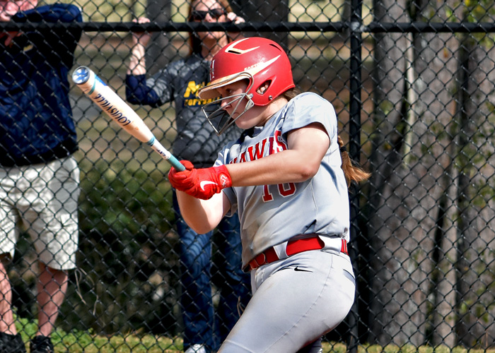 Freshman Alex Teague drove in Huntingdon's first run in a 3-2 loss to Meredith in Game 1 of a doubleheader. (Photo by Wesley Lyle)