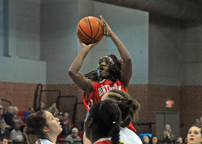 Pat Pickens, shown here earlier this season, scored 30 points in Sunday's 79-77 loss to Piedmont. With her eighth point of the game, Pickens became the Lady Hawks' career scoring leader. (Photo by Wesley Lyle)