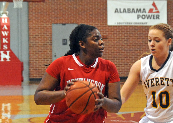 Tan Munford, shown here against Averett, turned in a double-double of 10 points and 12 rebounds in Wednesday's 74-39 win over Wesleyan. (Photo by Wesley Lyle)