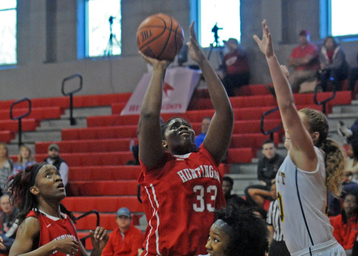 Tan Munford, shown here against Averett, had 18 points and 11 rebounds in Sunday's 64-54 loss to North Carolina Wesleyan. (Photo by Wesley Lyle)