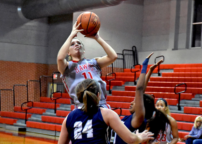 Senior Jenna Dorman scored 17 points and pulled down nine rebounds in Sunday's loss to Piedmont in the USA South Athletic Conference Tournament quarterfinals. (Photo by Wesley Lyle)