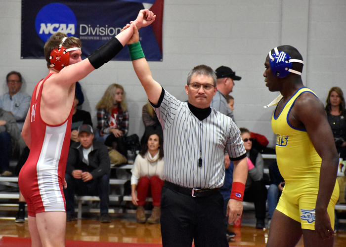 Freshman Pierce Erhardt is named winner of the 165 weight class in Sunday's match against Limestone. (Photo by Wesley Lyle)