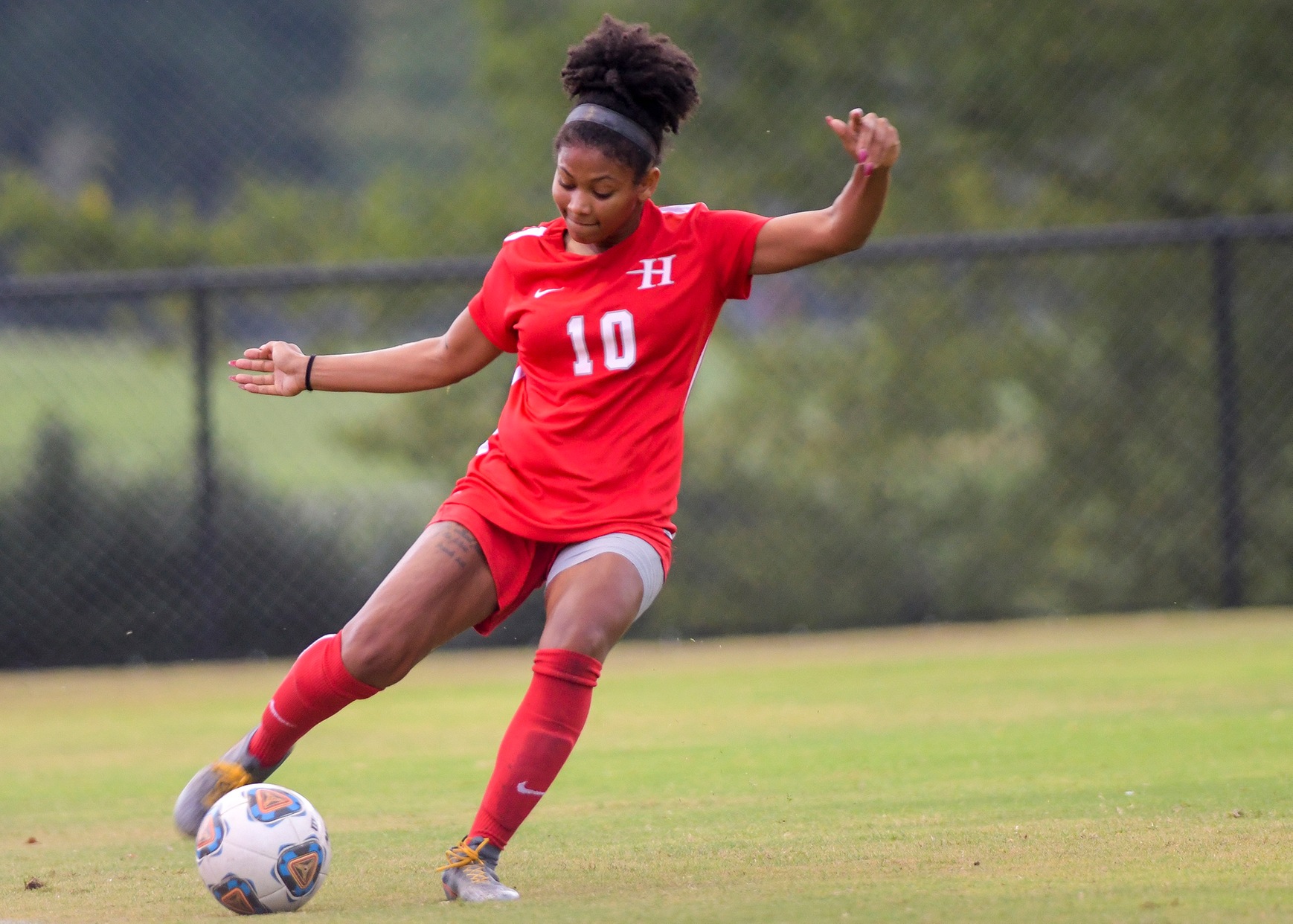 Erika Gebhard scored Huntingdon's first goal in Saturday's 2-1 overtime win over Brevard. (Photo by Julie Bennett/juliebennettphoto.com)