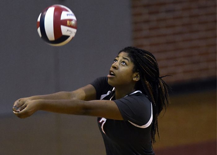 April Reese had 17 kills and 27 digs in Saturday's tri-match with Maryville and Piedmont. (Photo by Julie Bennett/juliebennettphoto.com)